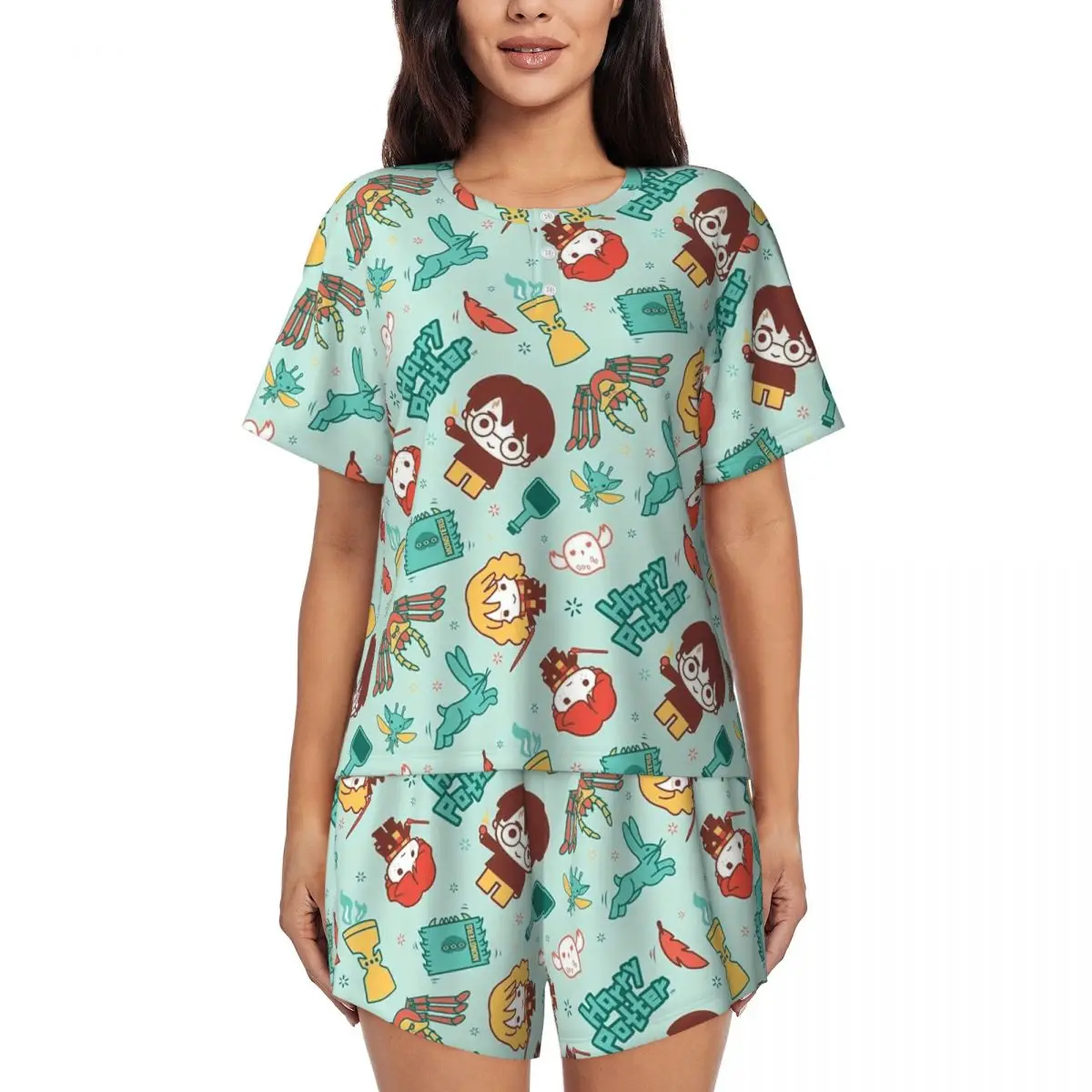 

Womens Harrys Magic Adventure Movies Potters Pajamas Set Custom Printed Two-piece Pjs Sets Short Sleeve Sleepwear Loungewear