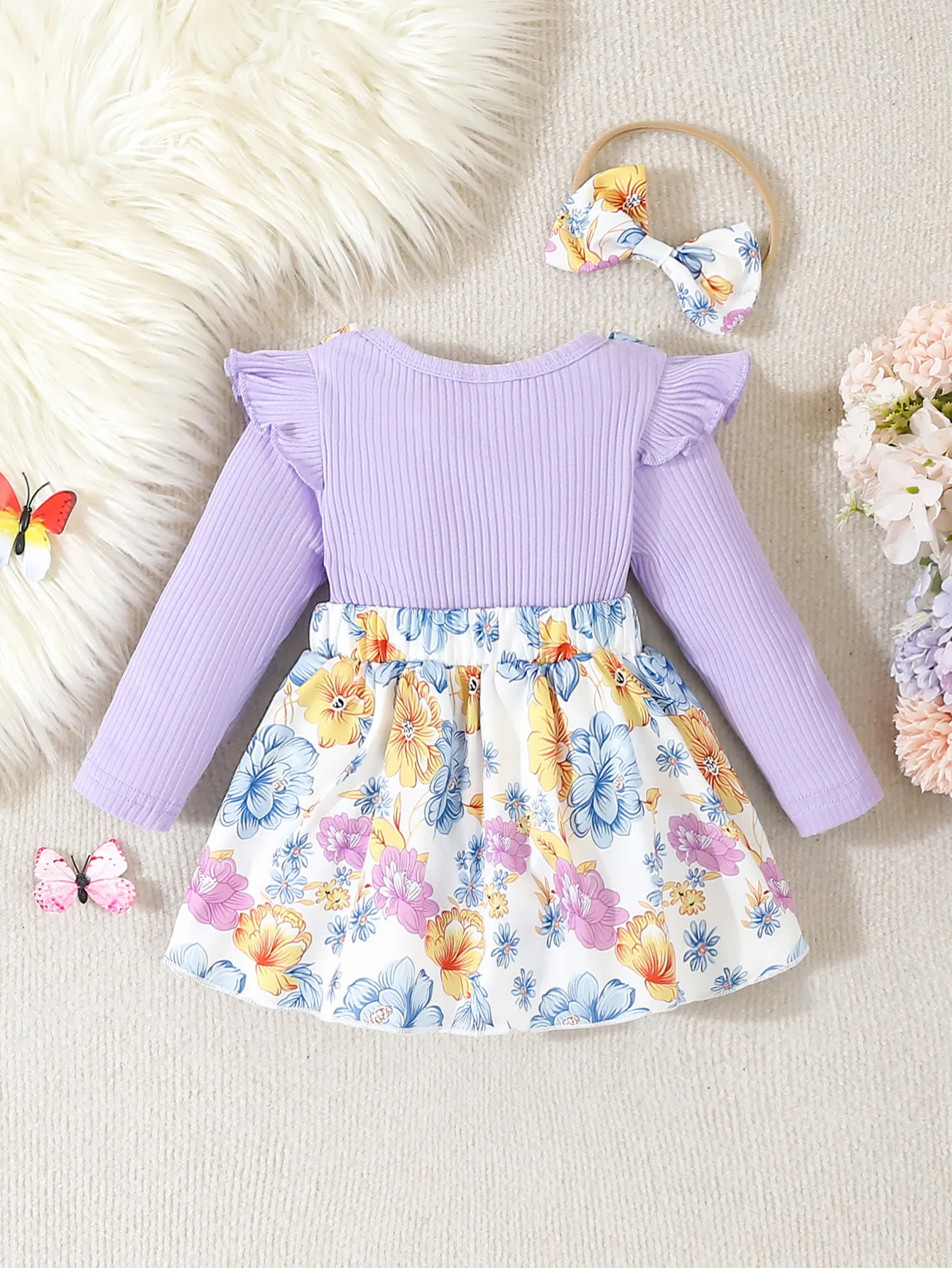 Women Baby Cute Overalls Fake Two-piece Bow Floral Print Small Flying Sleeve Round Neck Dress Triangle Bodysuit with Headscarf 2-piece Set