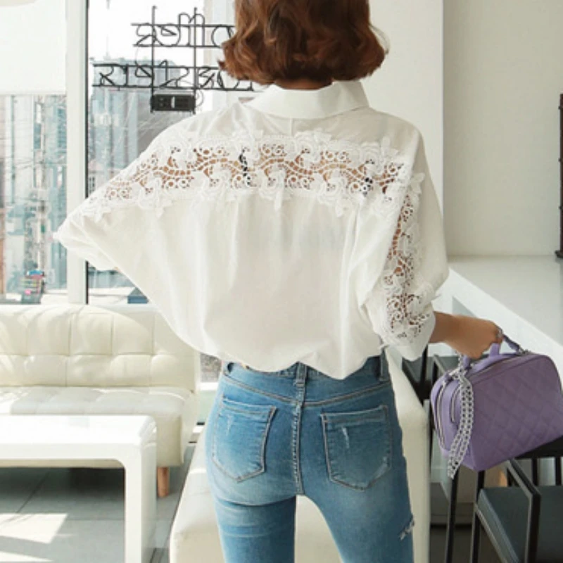 Sexy Hollow Out Lace Cotton Women\'s Shirt Korean Stylish Fashion Woman Elegant Blouse Backless Clothes 2023 Office Lady Top 1310