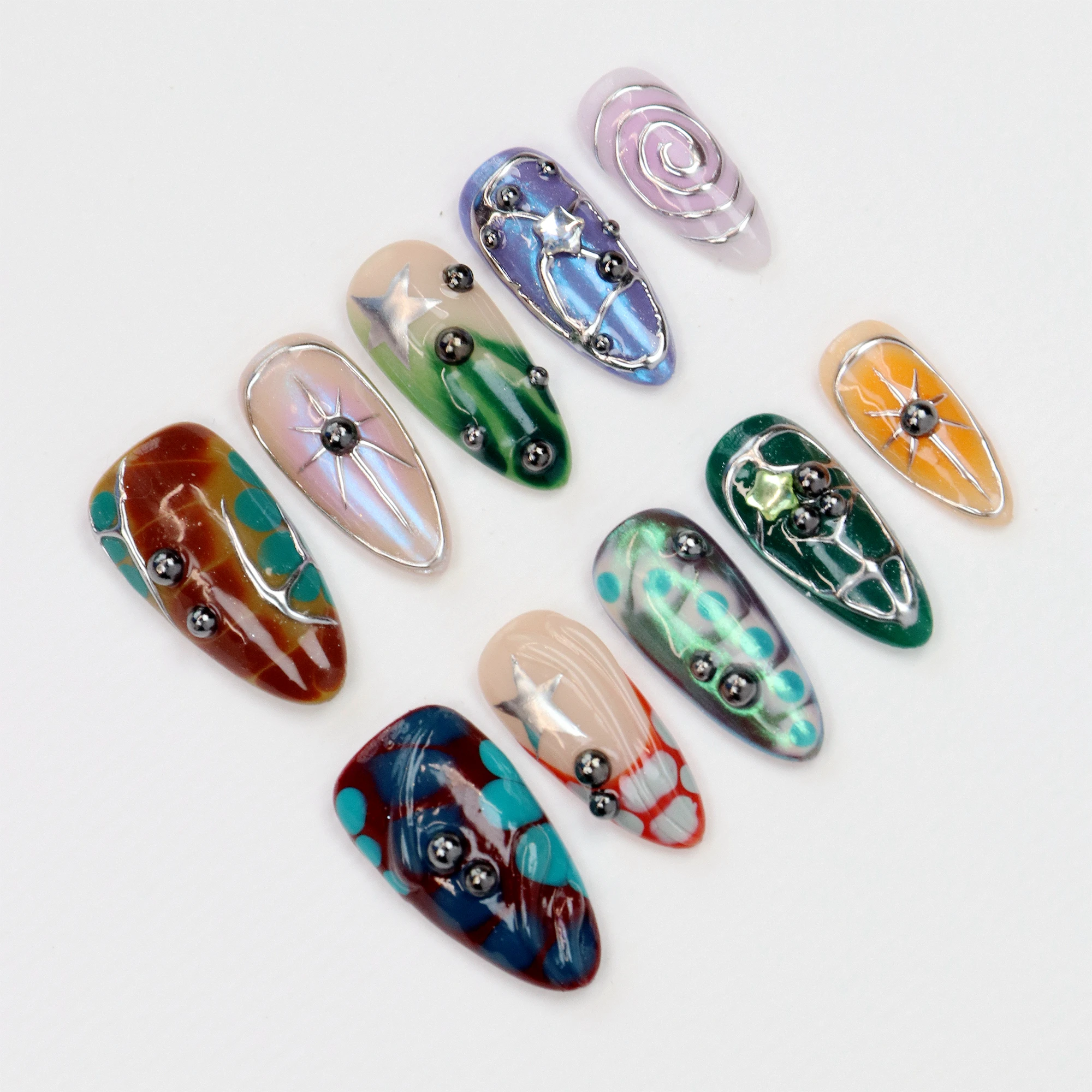 10Pcs Hand-Painted Free Style Press On Nail,Y2K 3D Acrylic Metallic Crystal Custom Design FreeStyle Almond Press Holiday Nails