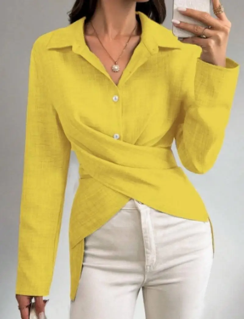 Elegant Autumn Women's Shirt V-Neck Fashion Simple Versatile Waist Cinching Solid Color High Waist Slim Fit Long Sleeved Shirt