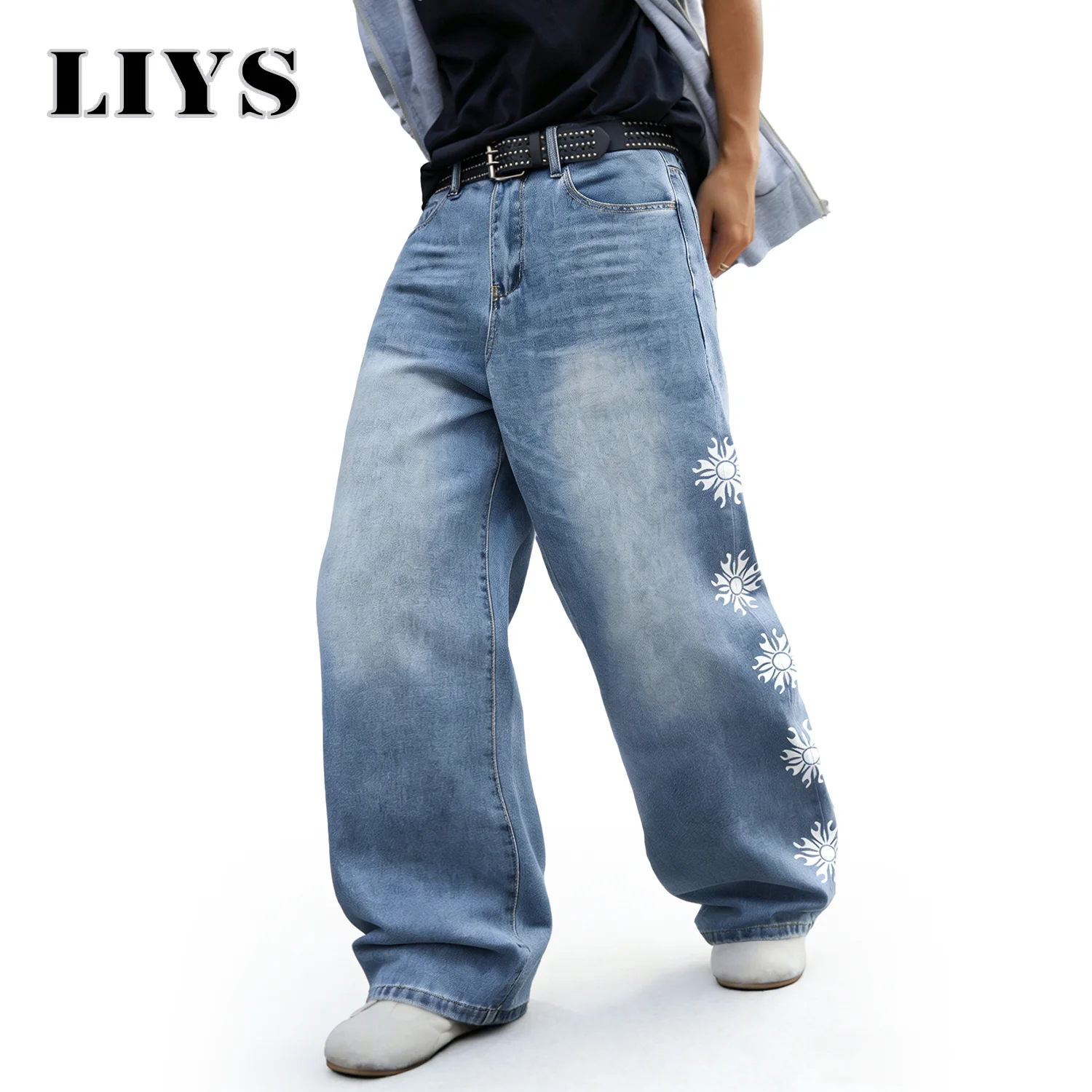 LIYS American Streetwear Floral Pattern Printed Baggy Wide-Leg Men's Jeans Simple Washed Light Blue Casual Denim Pants Unisex