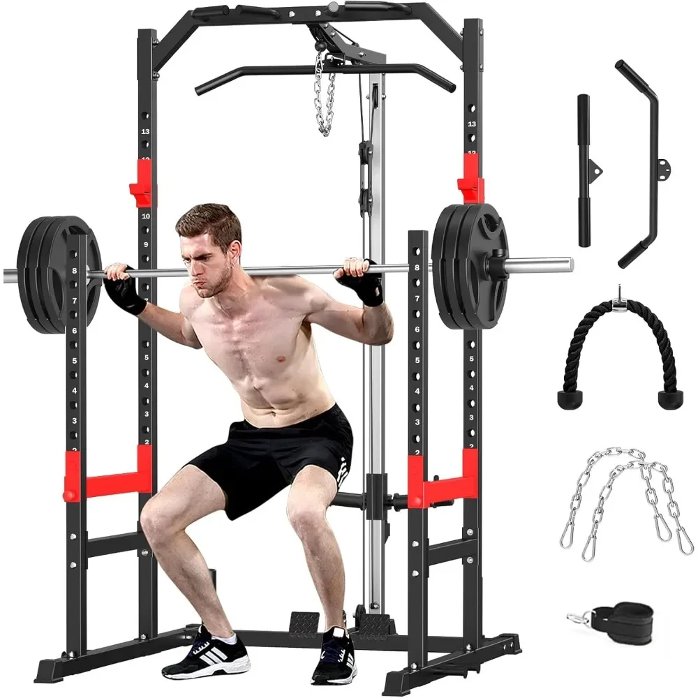 

Multi-Function Power Rack with Pulley System Strength Training for Home Gym, Bench Press Squat LAT Pull-Down Pull-up
