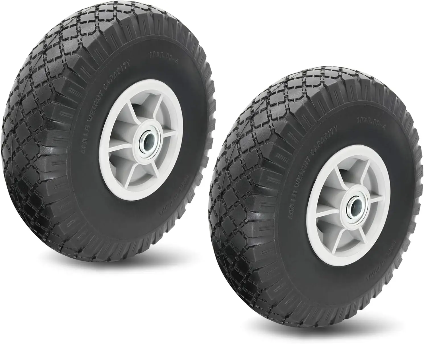 

10x3.00-4 Flat Free Tire, 10" Heavy Duty Wheel Assembly, 5/8" Axle, 2.2" Offset Hub, 2-Pack