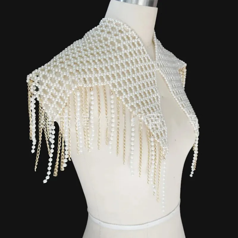 Sexy Bikini Body Chain Pearl Chest Wrapping Chain Multilayer Tassels Bra Chain Beach Outfit Chest Chain Bride Shawl Hand Beading