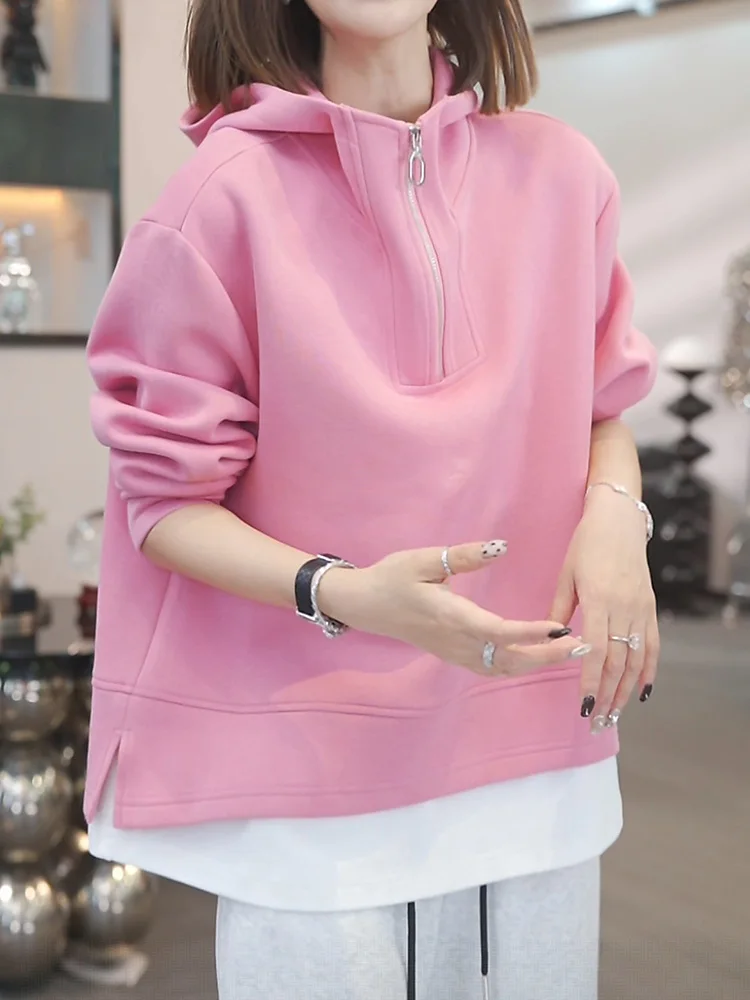

Однотонная толстовка на молнии с капюшоном, женская повседневная модная кофта в корейском стиле, универсальный топ свободного кроя с длинными рукавами из смесового полиэстера