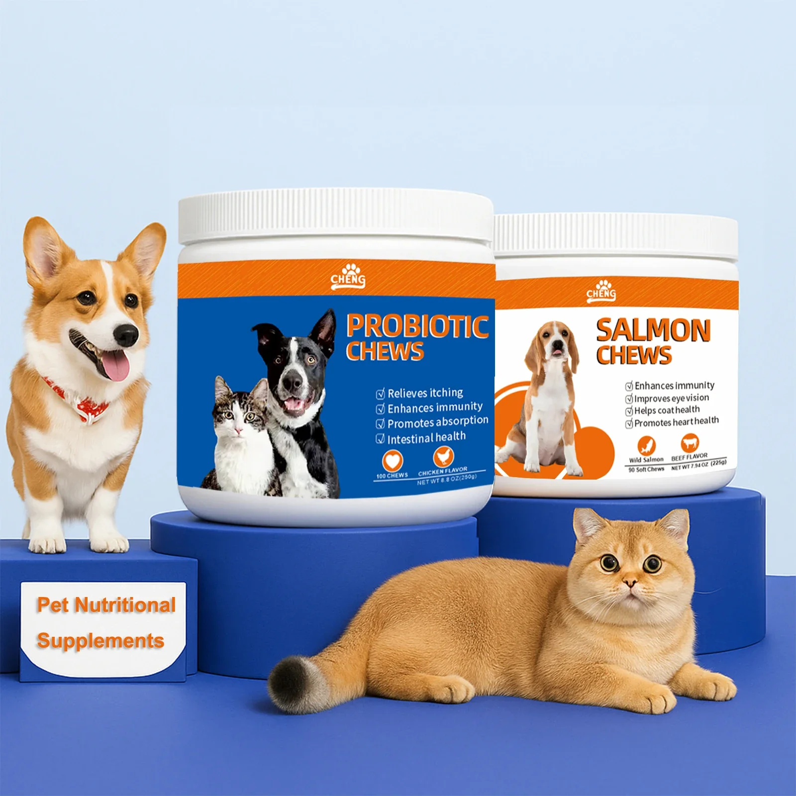 2 قطعة/الوحدة مضغ السلمون والبروبيوتيك الناعمة للقطط والكلاب |   مكمل لتخفيف الحكة وتوازن نباتات الأمعاء ودعم مناعة قوي