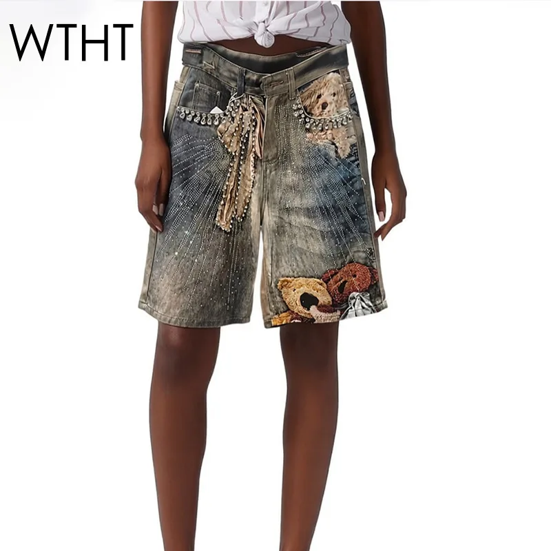 

WTHT Vintage Summer 2026 Women's Rhinestone Cartoon Print Denim Shorts New Washed Gradient Casual Short Pants Female 1LS3040