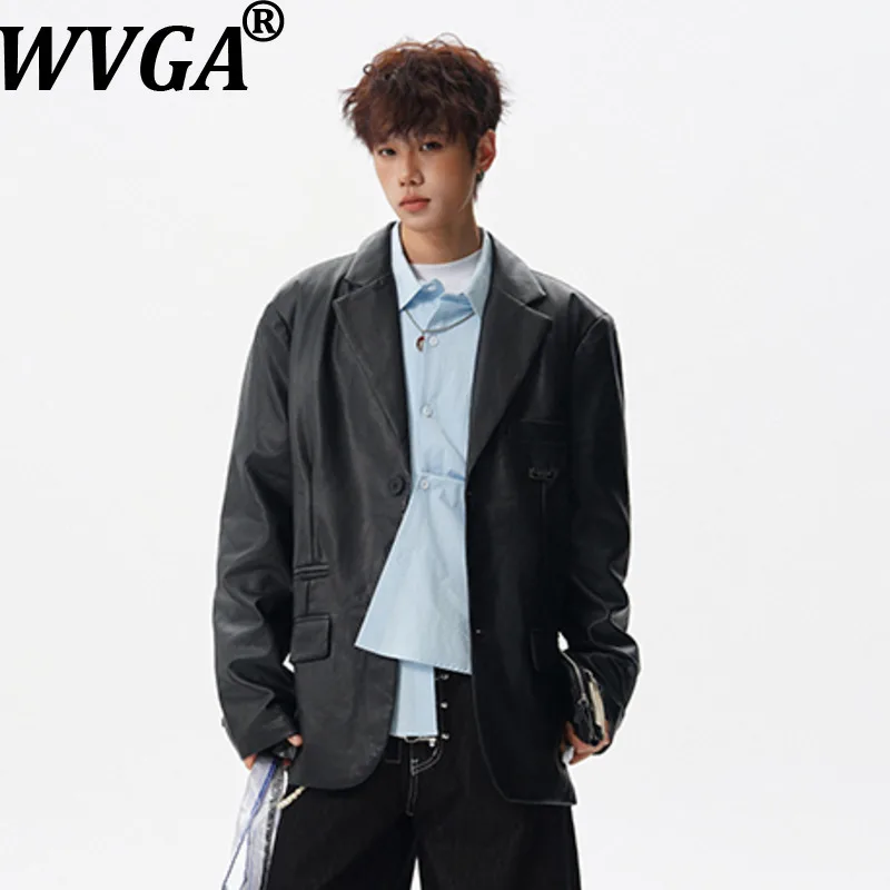 

Мужская кожаная куртка-блейзер WVGA: новинка сезона весна-осень, оверсайз, с отложным воротником, трендовая, нишевая, шикарная, повседневная, с длинным рукавом, Ins W20155