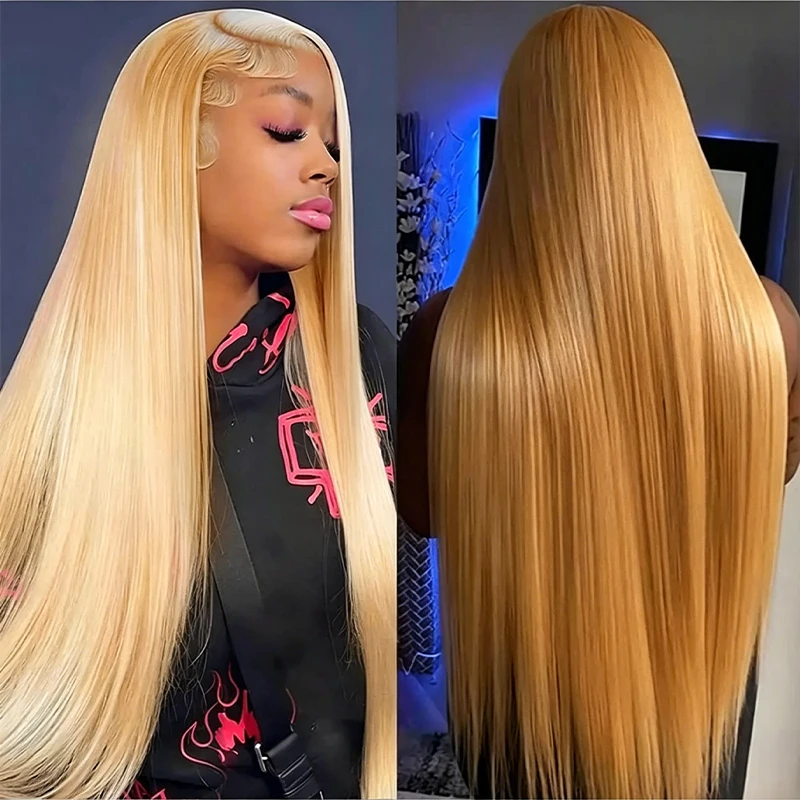 Bone Straight Honey Blonde Human Hair Wigs #27 13x6 HD Transparent Lace Front Wigs For Women Pre Plucked 200% Density 30 Inch