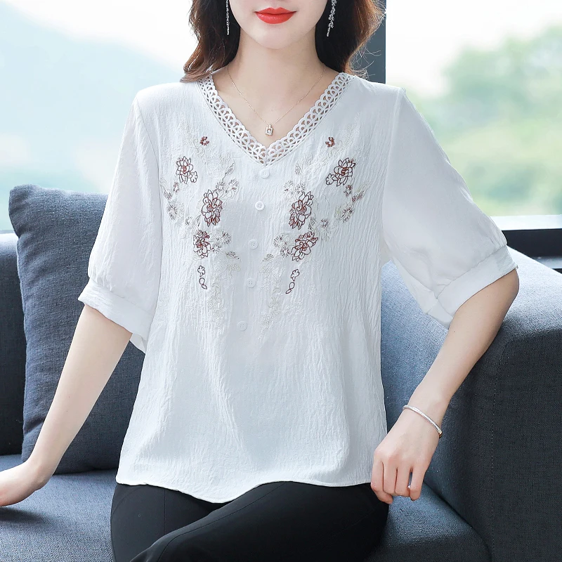 

Summer Clothing 2025 Loose Casual Embroidered Top Short Sleeve Women White Shirt V Neck Fashion Pullovers Blouse