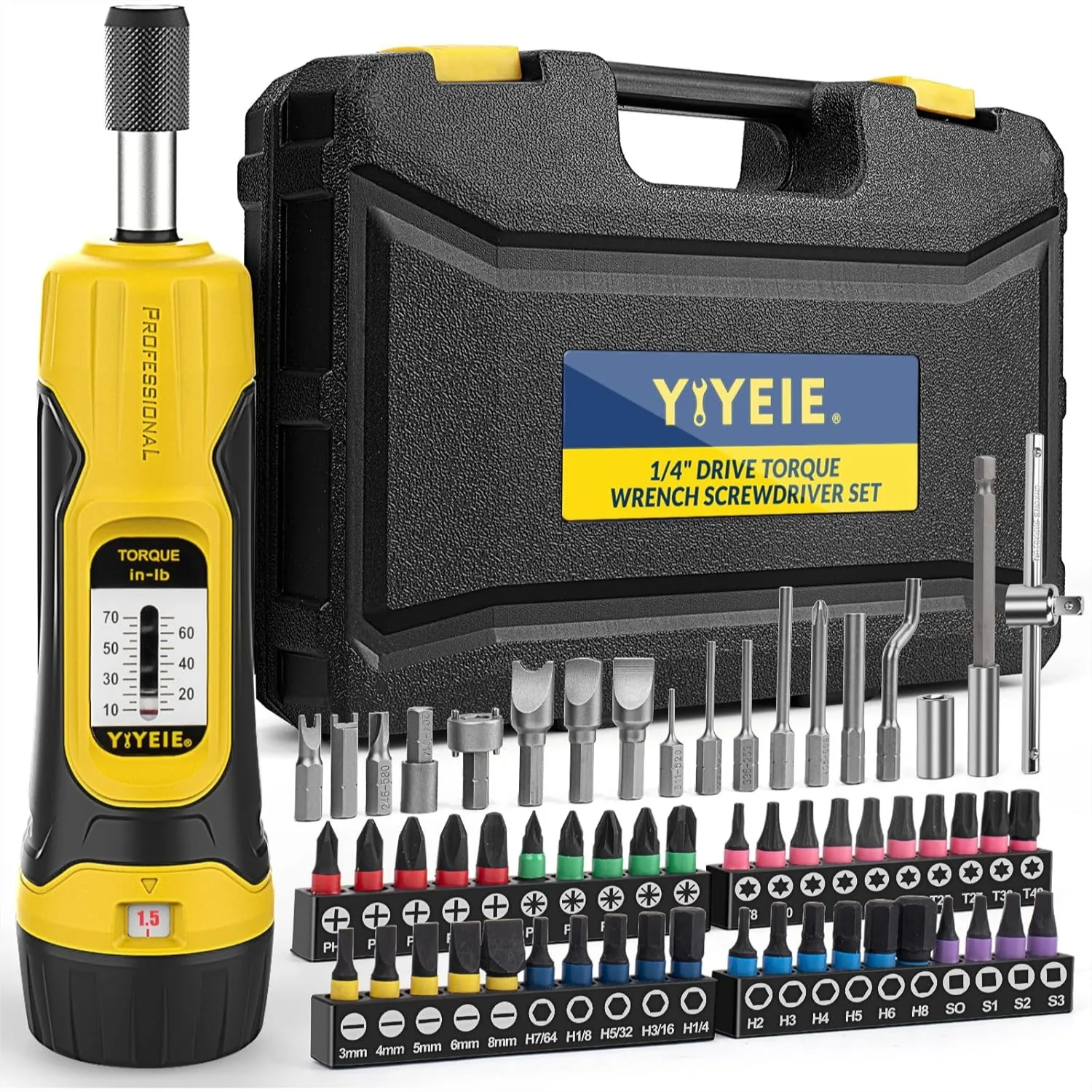 

60Pcs Torque Screwdriver Set 10-70 In-Lbs Adjustable 0.5 In-Lbs Precision S2 Bits 1/4" Drive Fat Wrench for Gunsmithing Bike Repairing Mounting