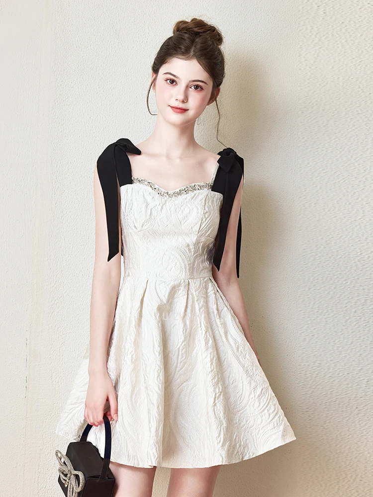 Mini vestido de fiesta de retazos en blanco y negro para mujer, vestido de noche con lazo sin mangas y cordones, ropa de calle sencilla, vestidos de novia de corte a