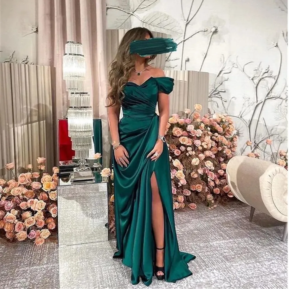Flora Dress Deep Green Satin Long Sweetheart Evening Dresses Off the Shoulder Pleats Side Slit Formal Prom Dress Robe de soiree