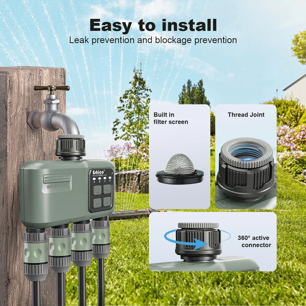 

Eshico 639 Smart Sprinkler Timer: 4-Zone RF433 Wireless System with 2x Wi-Fi Range, App-Controlled Garden Irrigation Solution