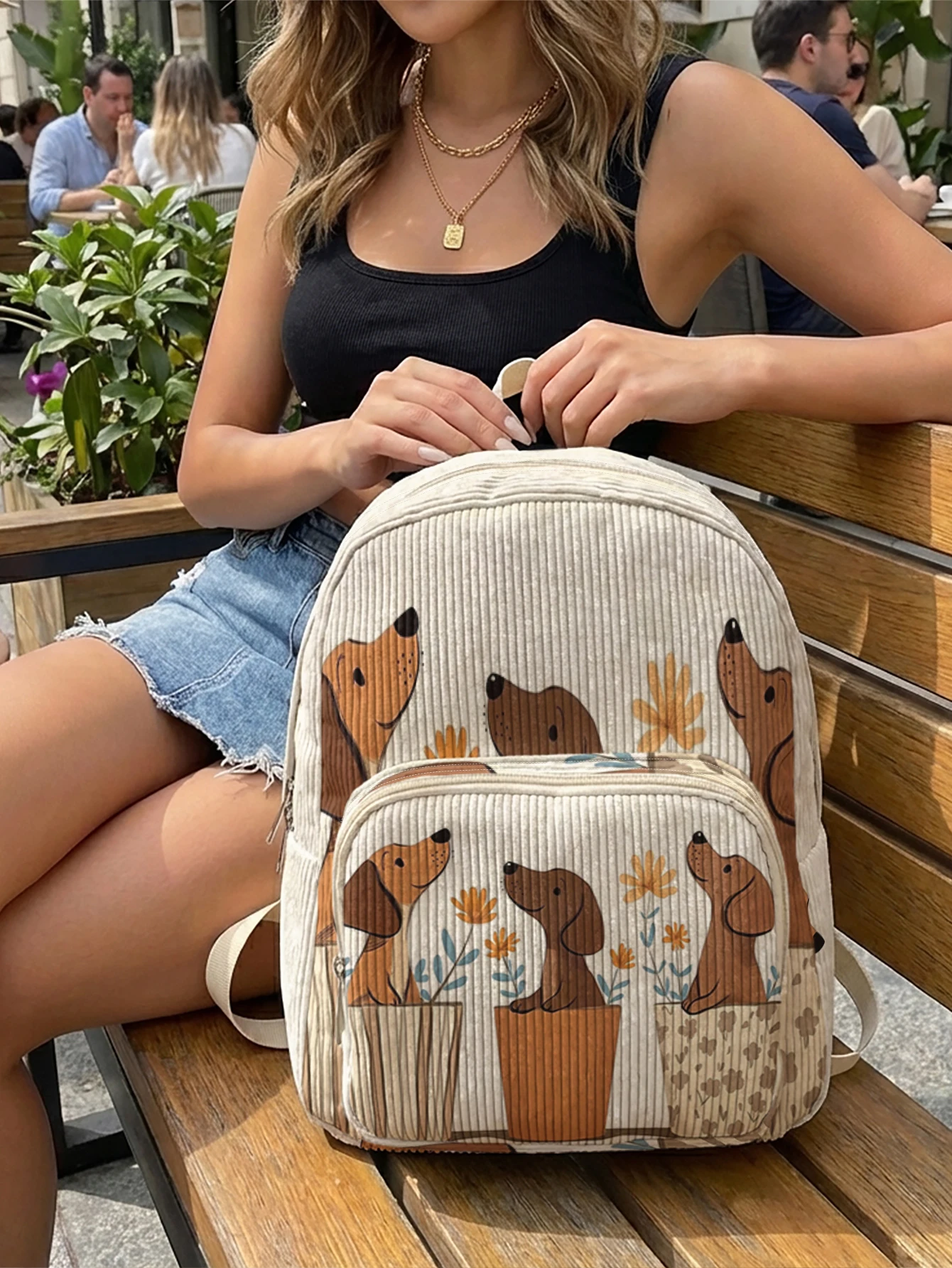 Cartoon Dachshund Dog Potted Flower Print Backpack Corduroy Multi-pocket Large Capacity Daily Student Backpack