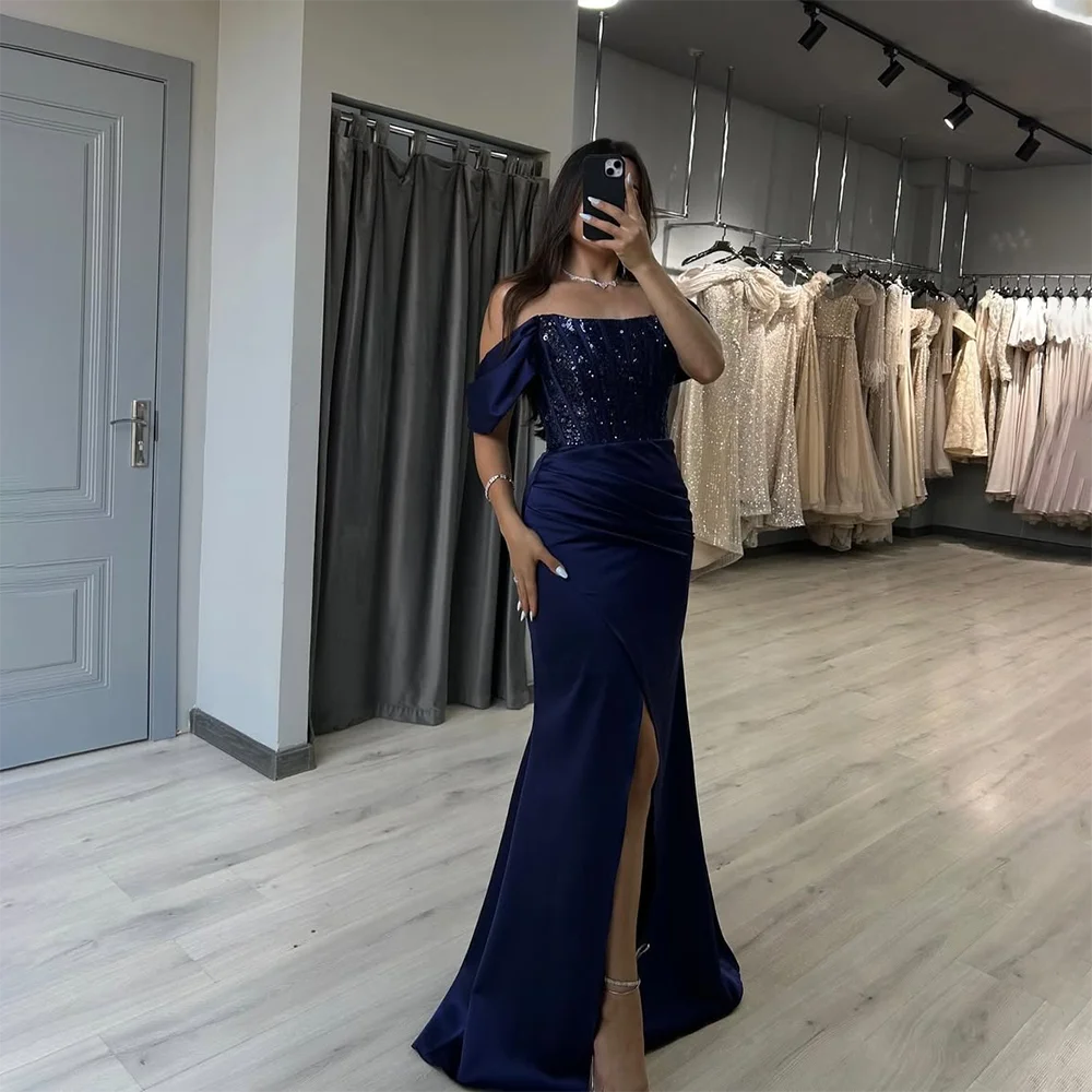 

Navy Prom Dress Customized Off The Shoulder Mermaid Side Split Evening Gown Sequin Pleated Formal Party Dresses Long