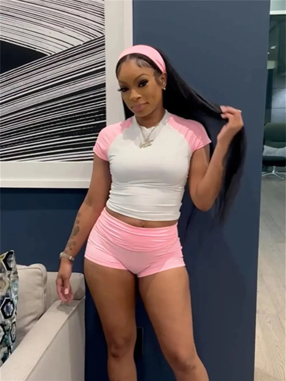Weird Puss Sporty Patchwork 3 Piece Set Women Casual Summer Headband+Crop Top+High Waist Bike Shorts Street Matching Tracksuit