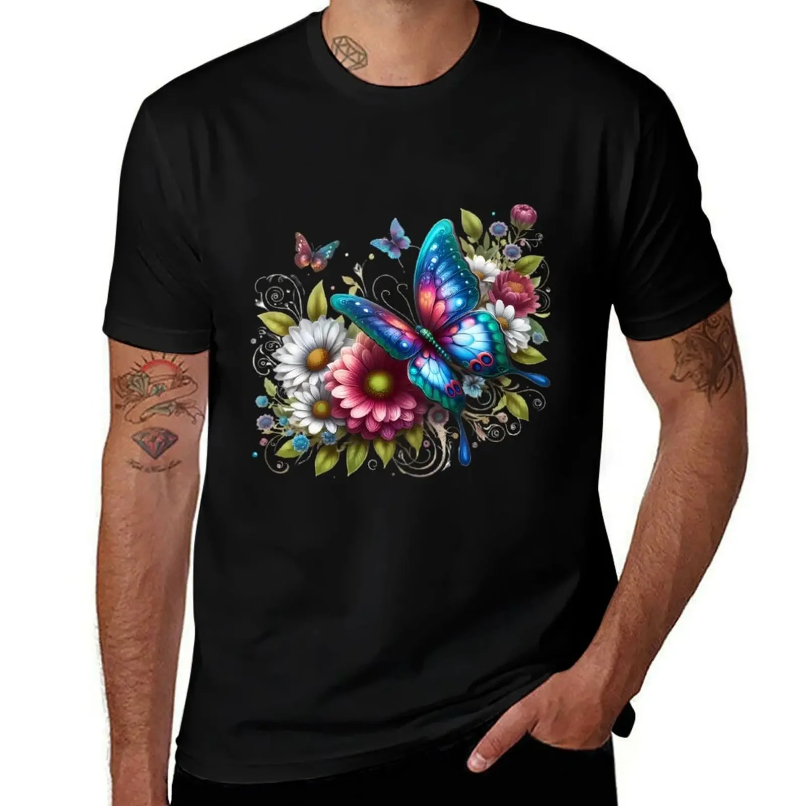 A beautiful butterfly on beautiful flowers T-Shirt oversized graphic tee anime luxury clothes men