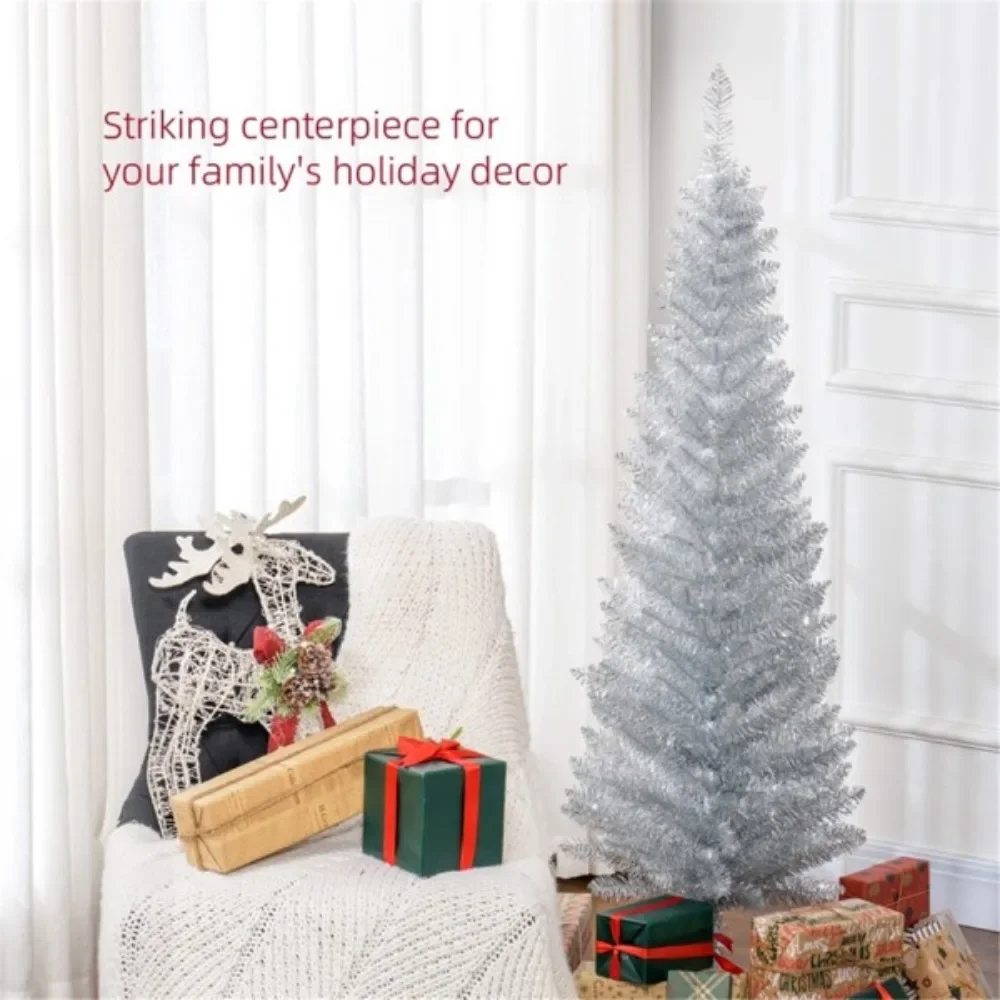 A 5-foot-long artificial Christmas tree with a slim pencil pattern of 294 branches adds a full and lush look to the tree