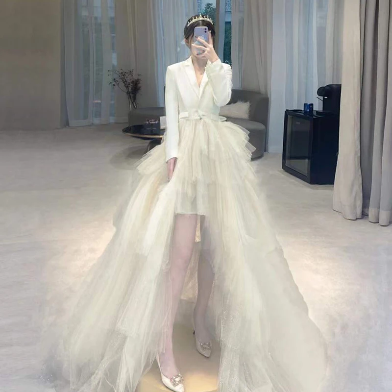 custom 18092#Elegant White V-Neck Minimalist Suit Wedding Dress Long Sleeved Irregular Tulle Hem Bride Dresses Evening Party