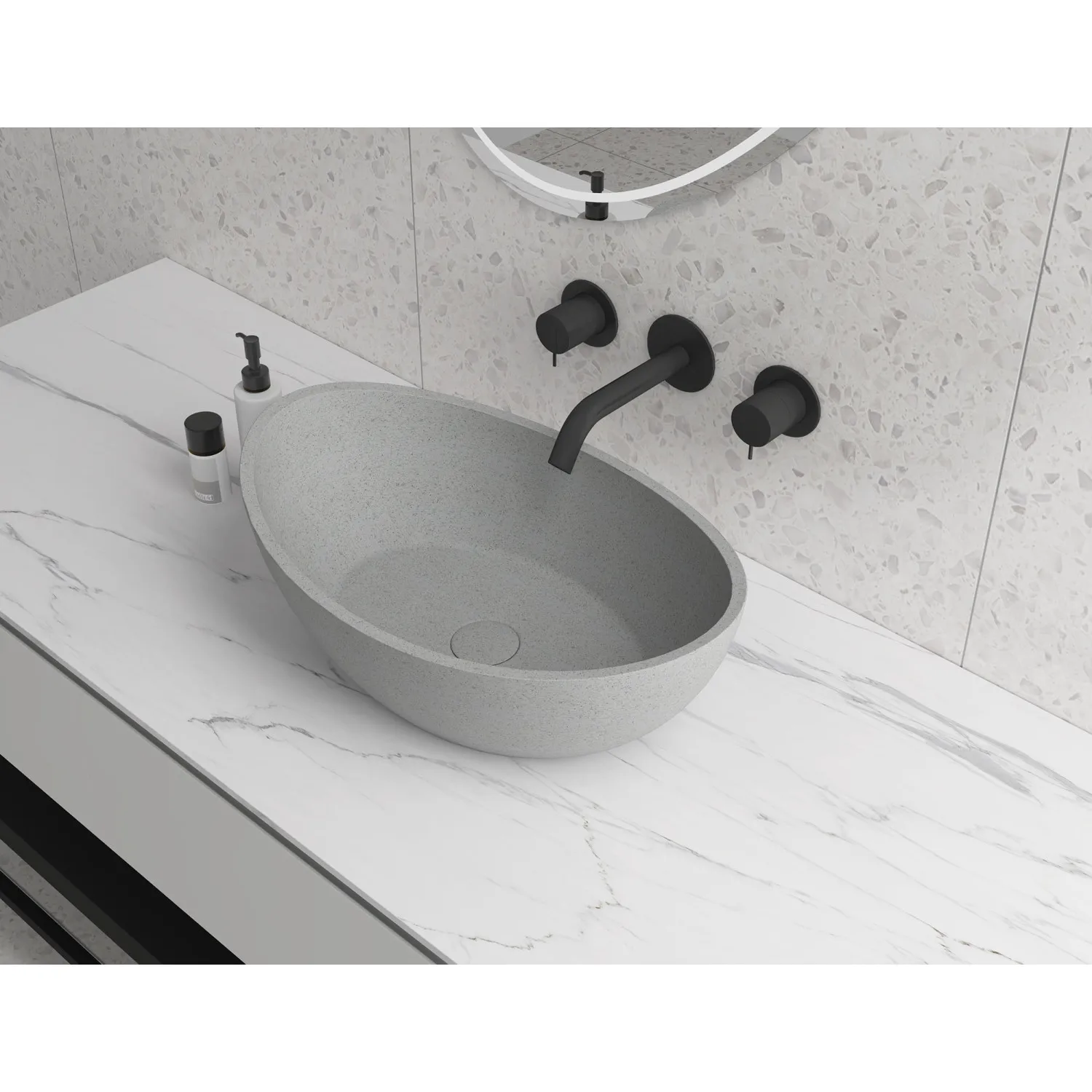 Oval Concrete Vessel Bathroom Sink Handmade Concreto Stone Basin Counter Freestanding Bathroom Vessel Sink in Grey without Fauce