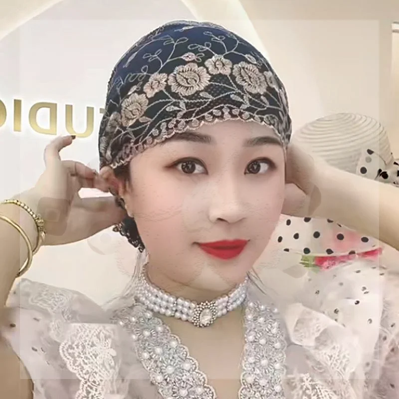 Washable Lace Floral Turban for Women Durable Embroidery Hijab Cap Elastic Head Wrap Scarf for Long Time Wear