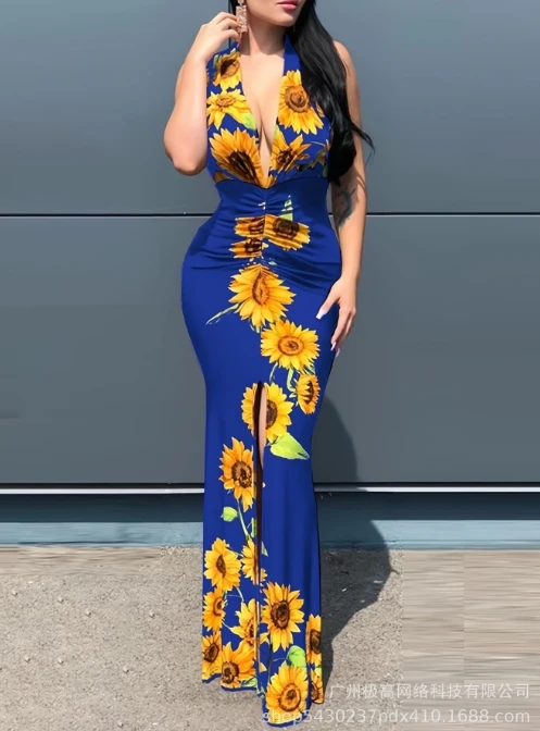 

Womens Dresses 2024 Summer Fashion Sexy Plunge Sunflower Print High Slit Sleeveless Casual Ruched Skinny Maxi Party Dress