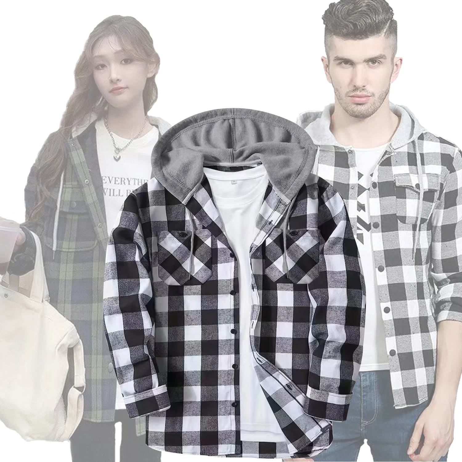 

2025Fashion Hooded Plaid Shirt Men's Ms. Slim Fit Long Sleeved Shirt Hippie Pocket Sports couple casual Shirt Men's Shirt jacket