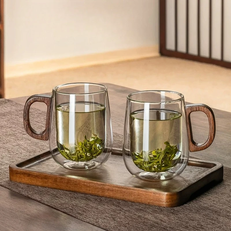 Double Wall Glass Tea Cup with Handle Heat Resistant Borosilicate Office Drinking Cup High Quality Home Kitchen Work