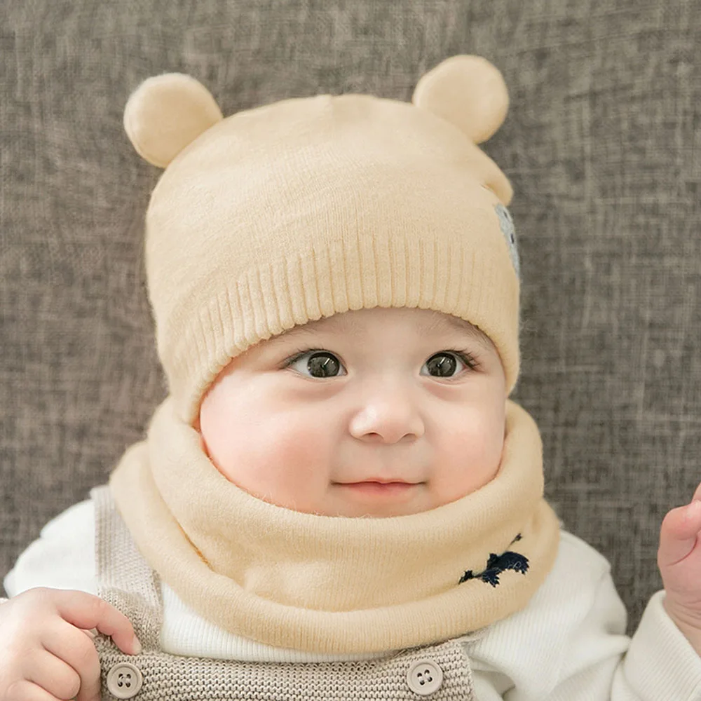 Baby Beanies Two-piece Warm Winter Wool Hat Scarf Set Thickened Boys Girls Scarfs Knitted Hat For Infant Kids 0-8 Month