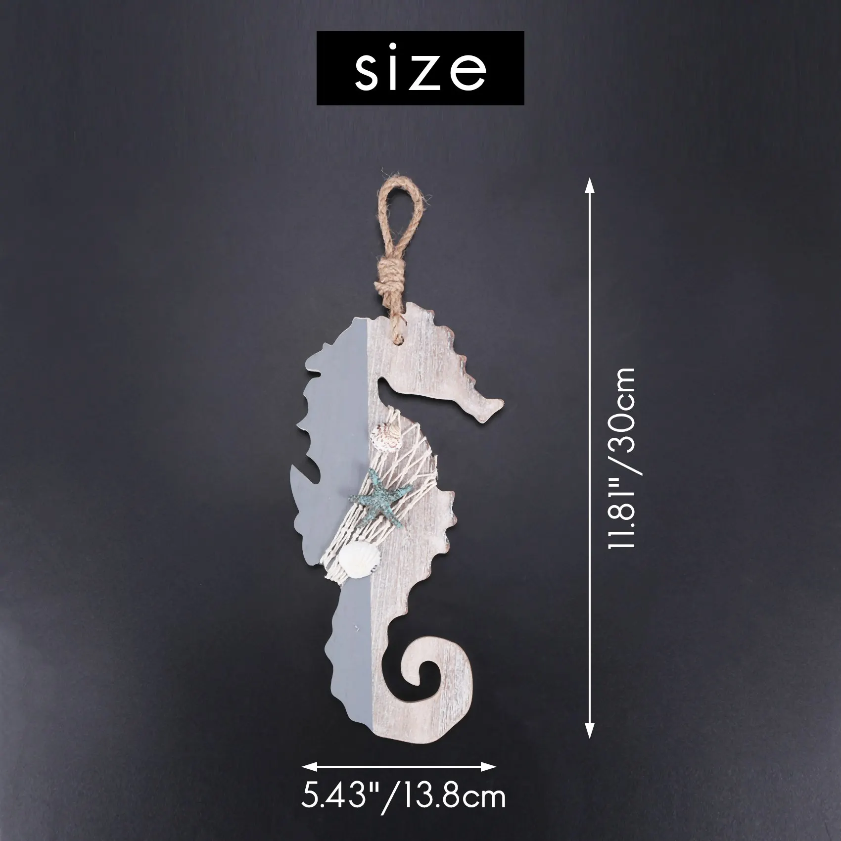 Cavalo marinho de madeira com estrela do mar e conchas, decoração náutica, ornamento, tema da praia, decoração para casa