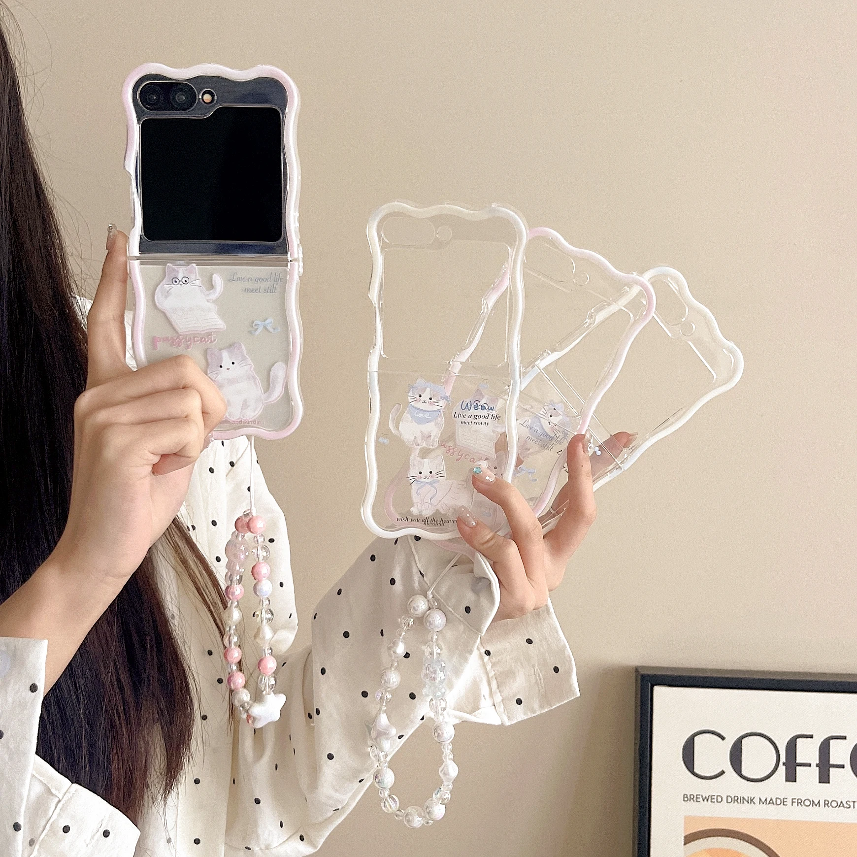 Onda inglês gato caso de telefone para samsung galaxy z flip 7 6 5 4 3 inglês gato pulseira onda à prova de choque capa onda com cordão pho