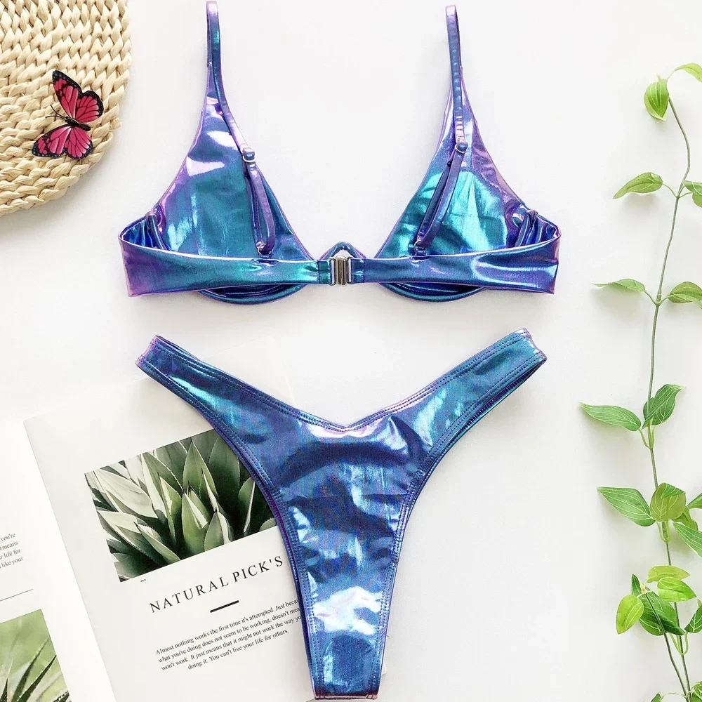 Bikini brillante con láser para mujer, microbañador de 2 piezas con aros, tirantes de realce, Espalda descubierta, traje de baño para playa, Tanga 2024