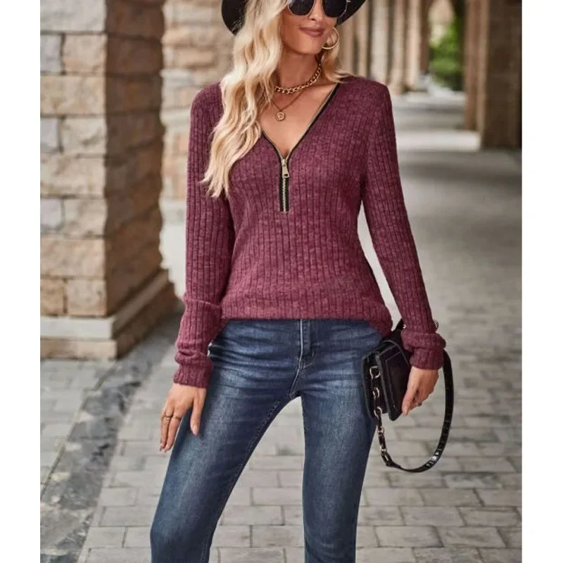2023 New Autumn Fashion Solid Color Pit Striped Brushed V-Neck Panel Zipper Long Sleeve Temperament Women's Casual Sweater