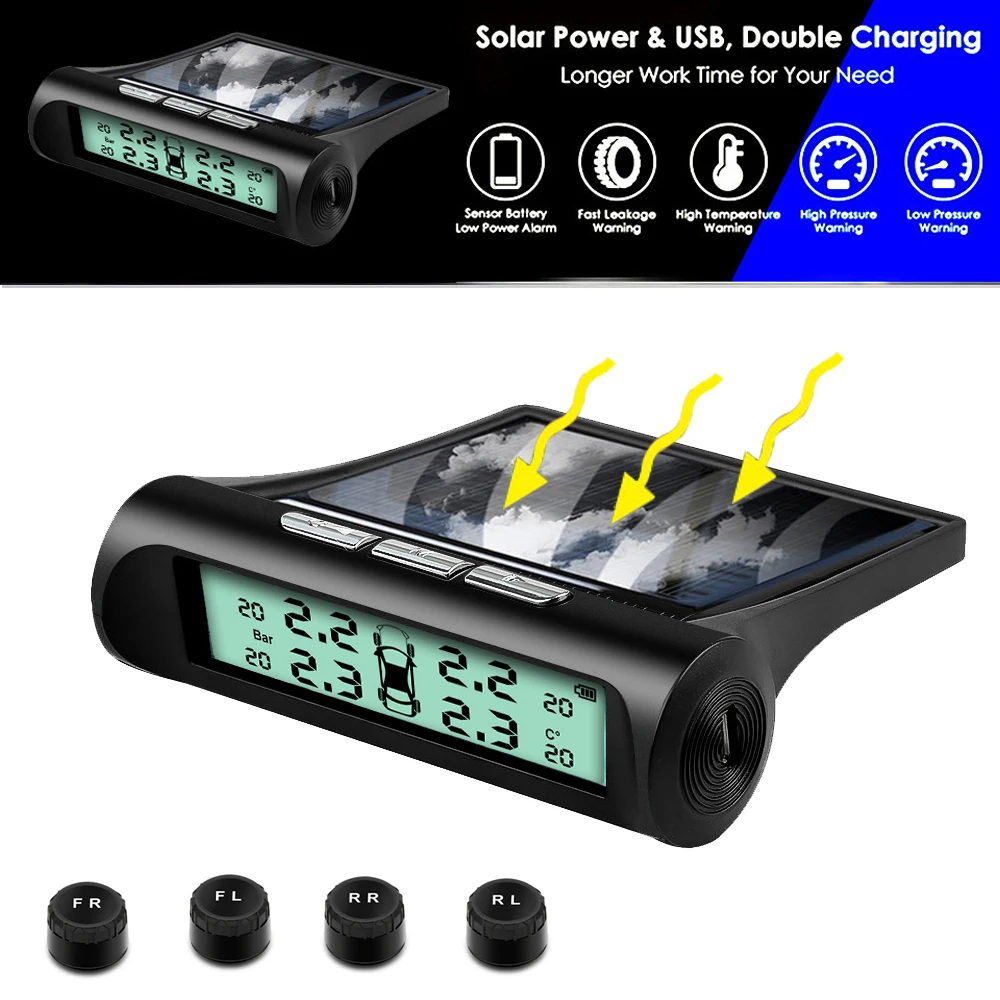 Electronic Car TPMS Tyre Pressure Monitoring System Solar Powered 4 Sensors Auto Security Alarm Temperature Warning