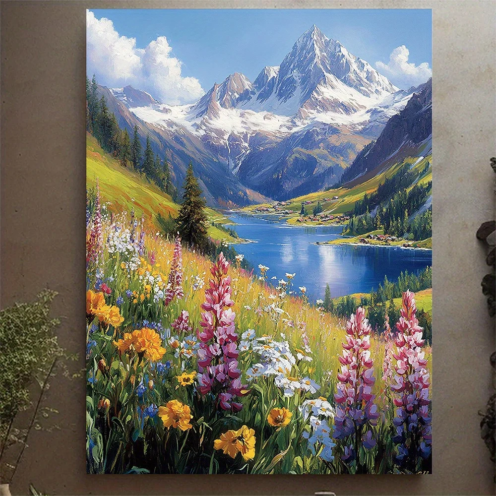No Frame Mountain Landscape with Snow Capped Peaks, Wall Art Canvas Print, Vibrant Wildflowers, Clear Lake, Home Decor