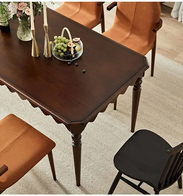 Retro solid wood square dining table Household black walnut French dining table