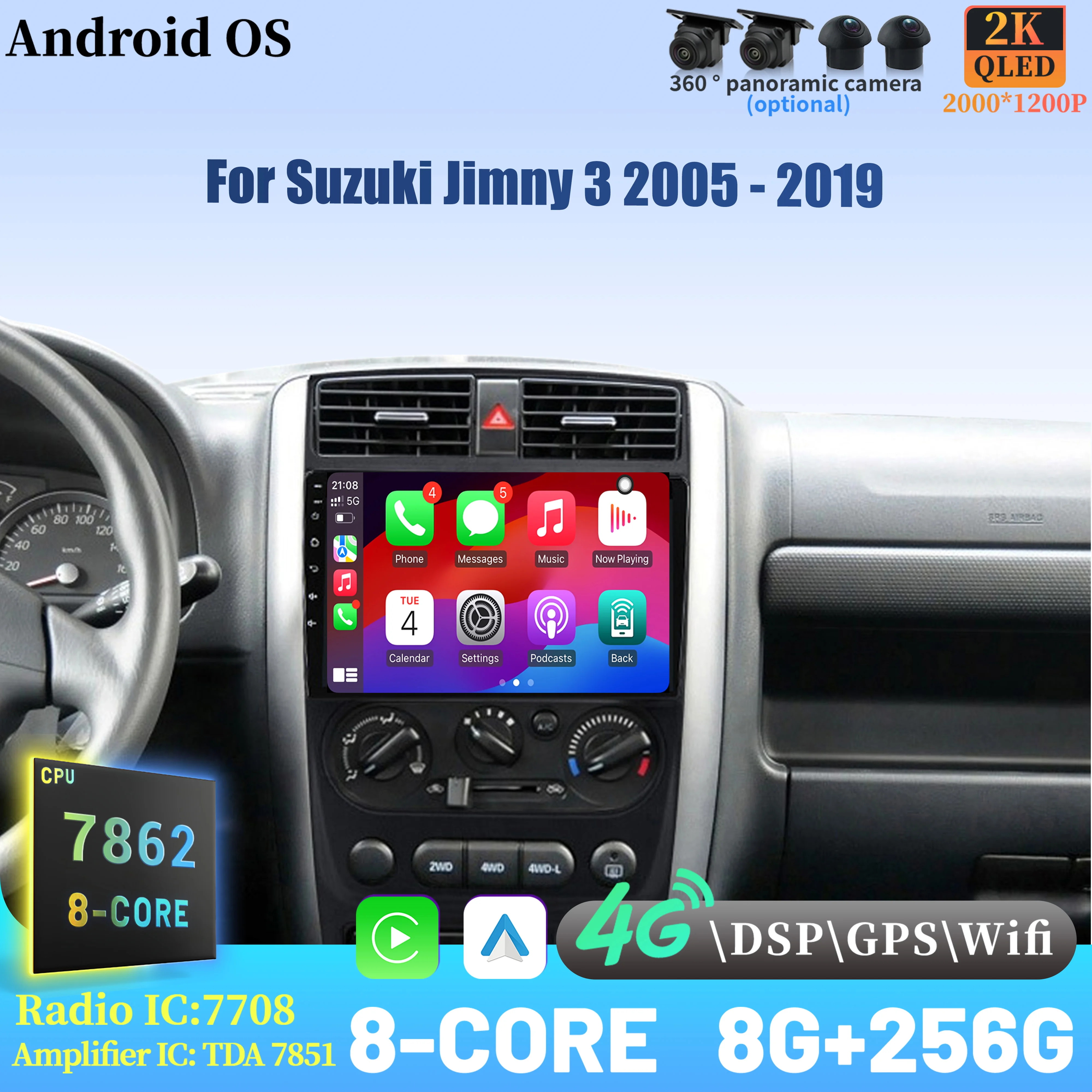 

Android 14 Radio Car Multimedia Player Touch 2K QLED Screen For Suzuki Jimny 3 2005 - 2019 Wireless BT CarPlay