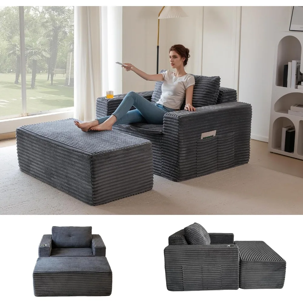 

MAXYOYO Oversized Chaise Lounge Chair Sofa, Comfy Lounge Sofa Couch with Ottoman, Boneless Chaise with 3 Pillows, Modern Deep Se