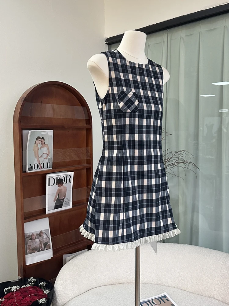 Estate coreano Vintage Plaid Mini abito donna vecchi soldi abiti senza maniche 2000s Party Preppy Mori Girl One-Piece o-collo elegante