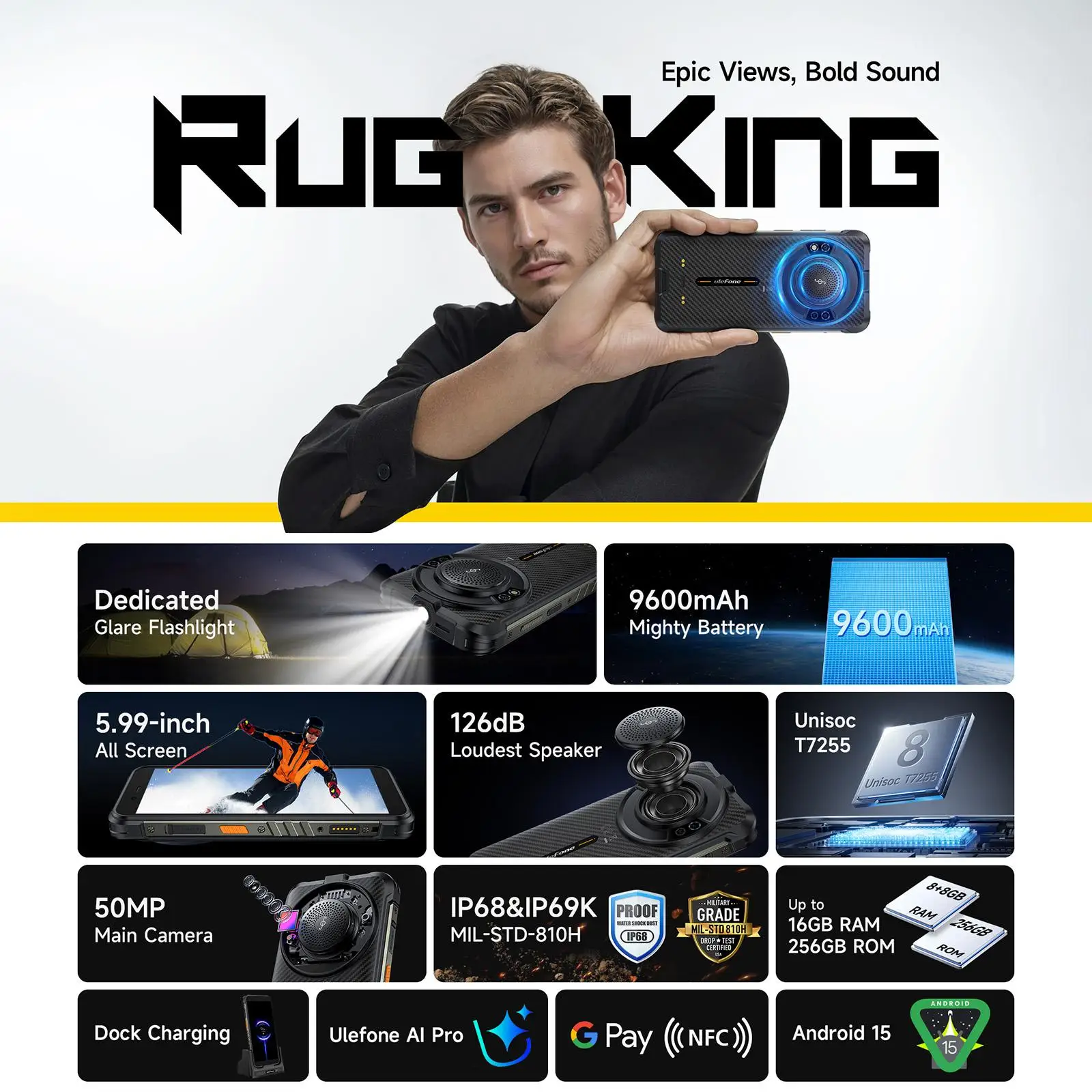 Ulefone RugKing هاتف متين 8GB + 256GB IP68/IP69K 5.99 بوصة أندرويد 15 Unisoc T7255 9600mAh 18W 50MP كاميرا رئيسية 4G NFC الهاتف الذكي