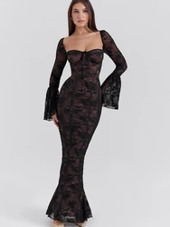 JULISSA MO Sexy Square Collar Lace Up Women Maxi Dress Black Long Sleeve Floral Dress Femme Autumn Skinny Elegant Party Clubwear