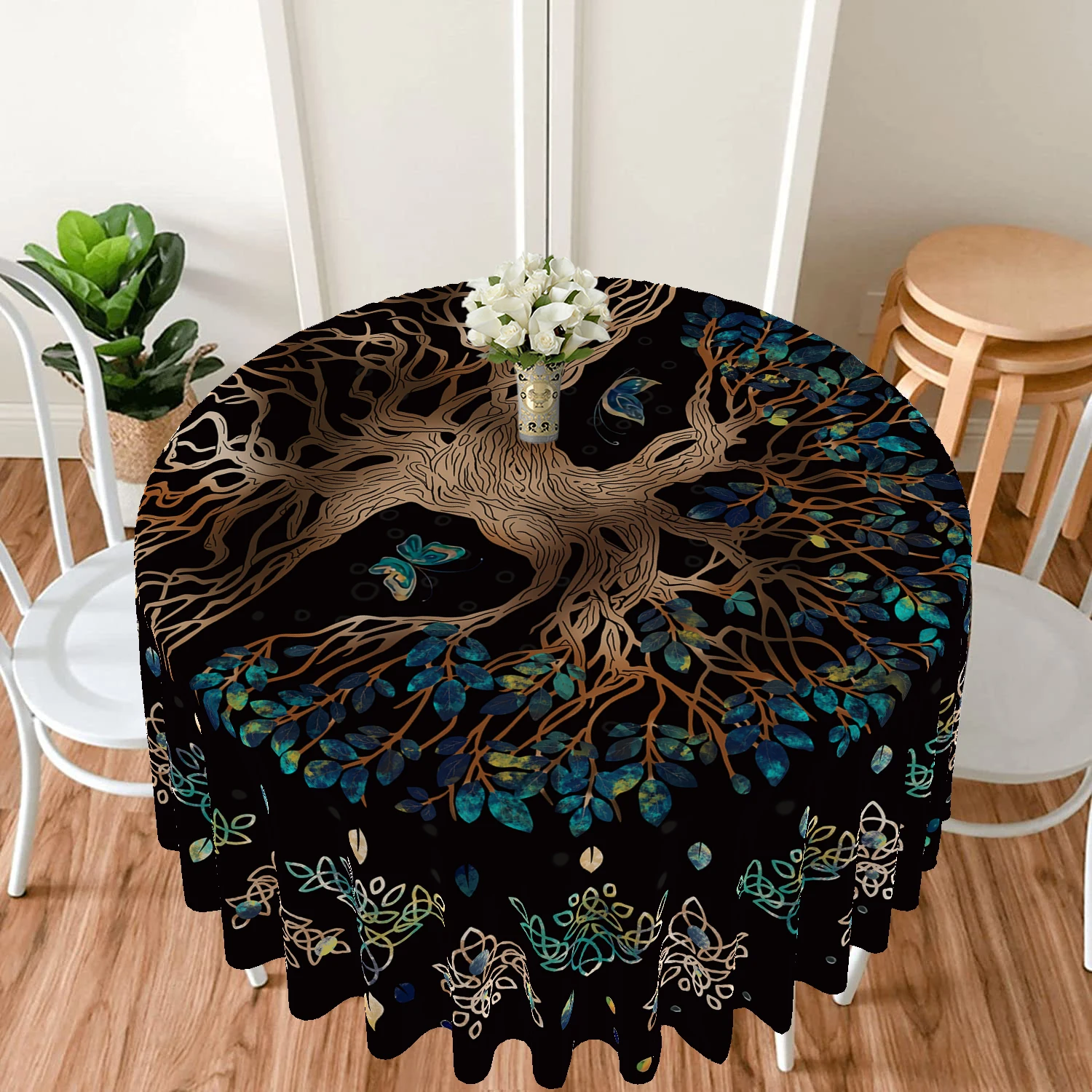 1 Piece of Life Tree Round Table Cloth Waterproof Terrace Table Sun Moon Star Curtain Multi Use 63 inch Blue Purple