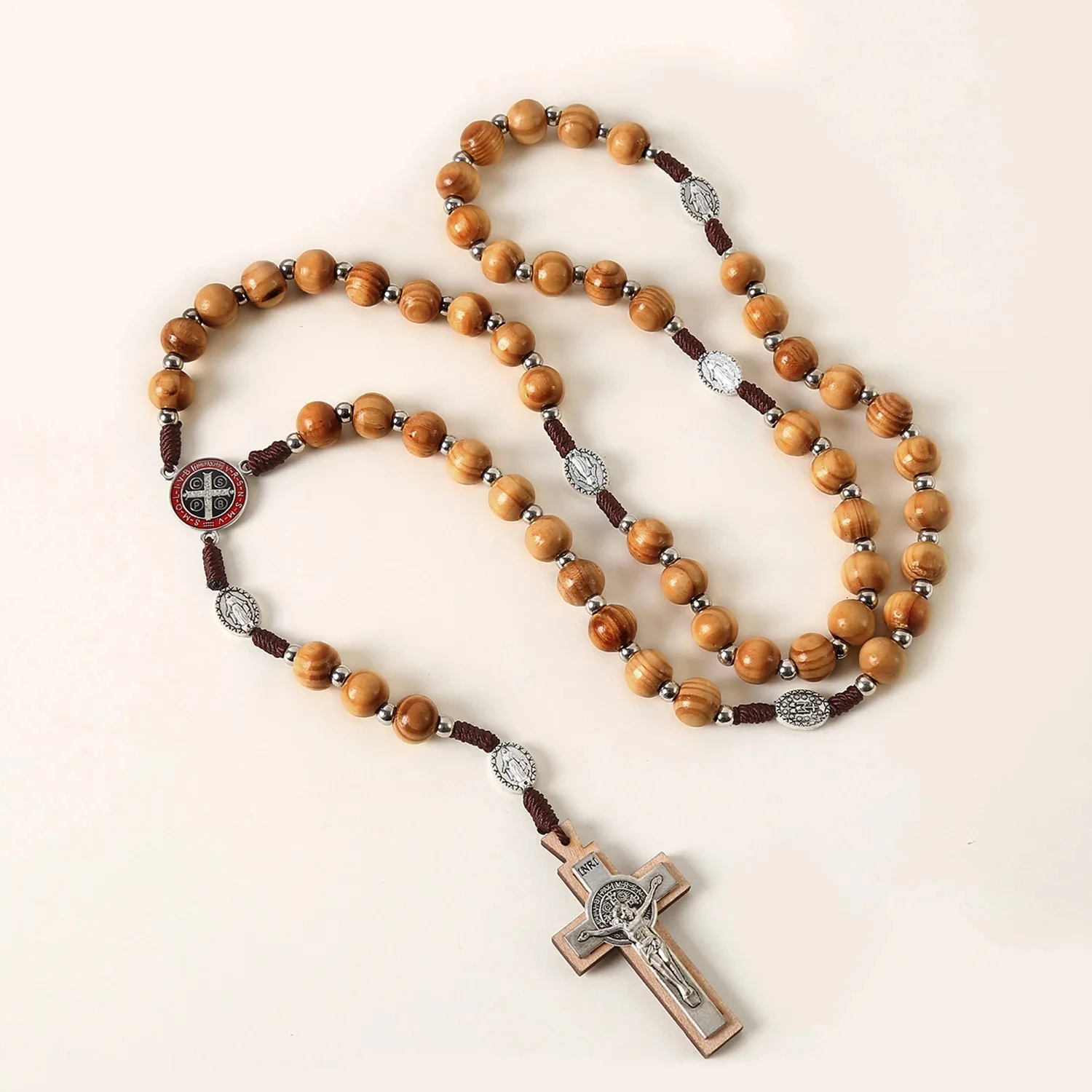 One-piece natural wooden prayer beads 10mm cross necklace with Jerusalem hand-woven design as a jewelry accessory