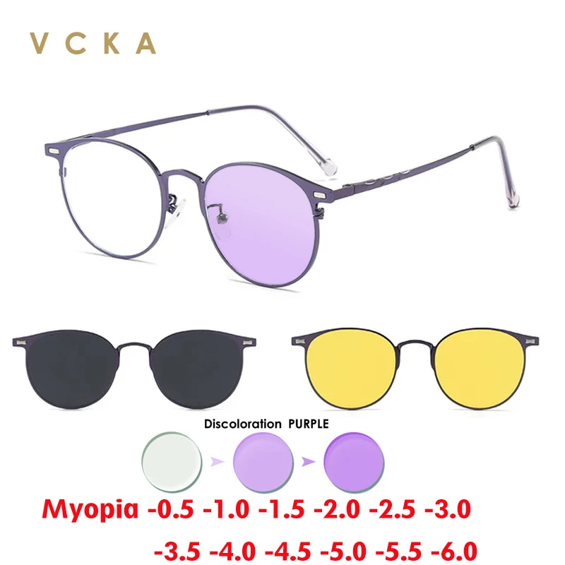 VCKA 3 in 1 Women Discoloration Round Myopia Sunglasses Men Polarized Magnetic Clips  Anti-blue light Glasses Frame -0.5 to -10