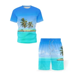 Hawaii Men Beach T-shirt Sets Coconut Tree Sea View 3D Print Tracksuit T Shirts Shorts 2 Pieces Kids Streetwear Oversized Suit