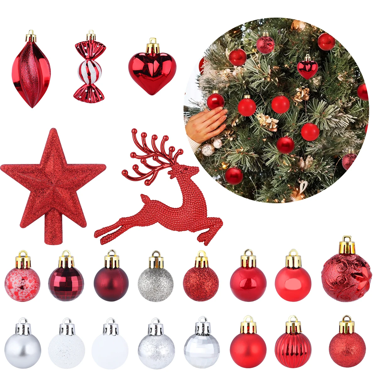 1 Box Christmas Tree Decorations Set Red and White Shatterproof Ball Ornaments Hanging Ornaments Home Party Decor Accessories