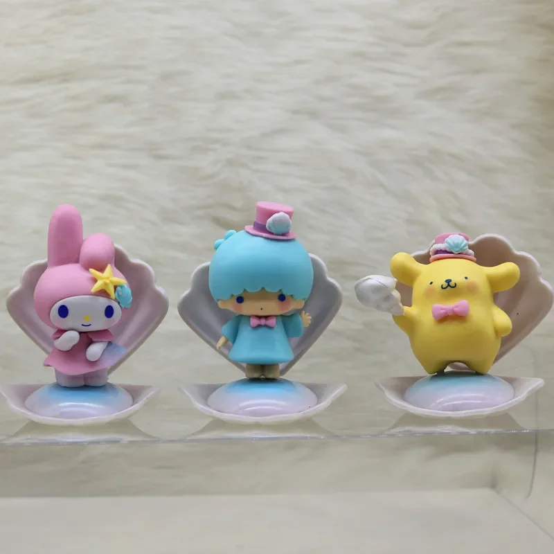 7pcs Sanrio Kuromi Doll Model Action Anime Figures Mymelody Blue Sea Holiday Shell Doll Model Esports Room Desktop Ornament Gift