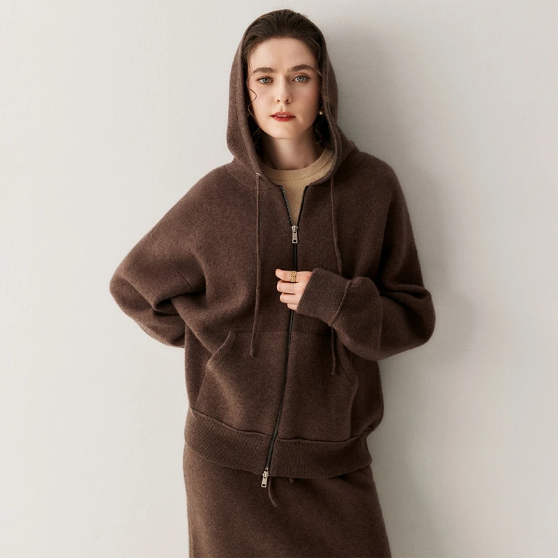 Luxury  Women's 100% Cashmere Zipper Hooded Long Sleeved Color Blocked Cardigan Autumn Winter Casual Comfort Thick Sweater Top
